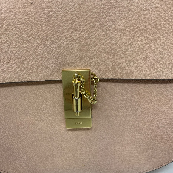 Chloe Drew Genuine Leather Foldover Crossbody Saddle Purse Bag Pink Cream Gold - Picture 2 of 8